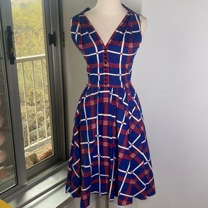 Gargulo Vintage 1950s red white and blue v neck fit & flare cotton dress 2 4